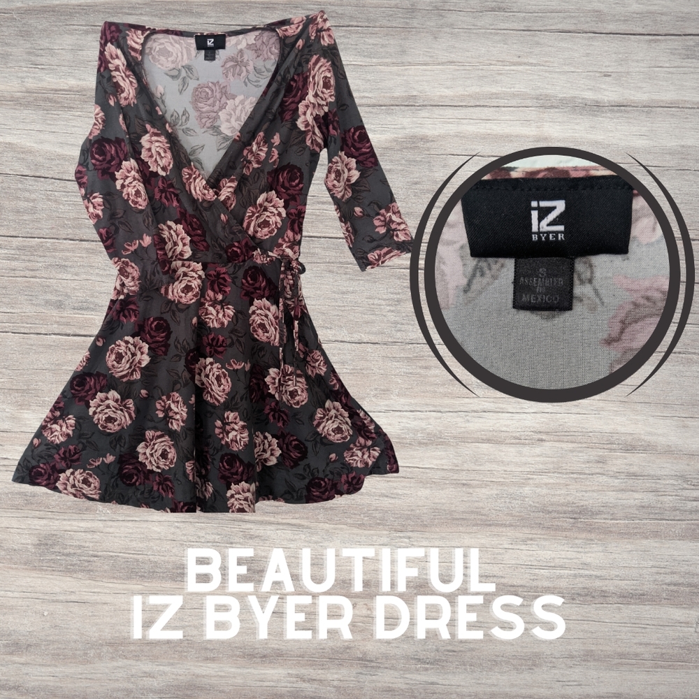 IZ Byer Casual Dress | A-line Gray & Pink Floral
